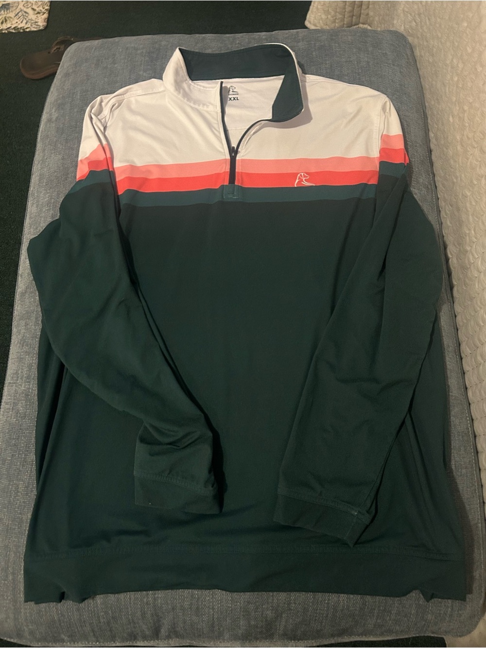 Rhoback Dark Green Quarter-Zip Polo with Coral and White Stripes
